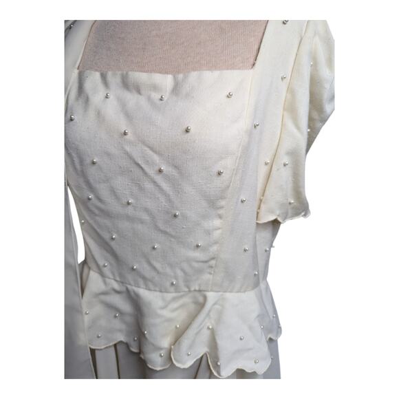 Vtg 1980s Michael Maiello Pat Richards Ivory Pearl Beaded Tiered Midi Dress 20 - Picture 4 of 9